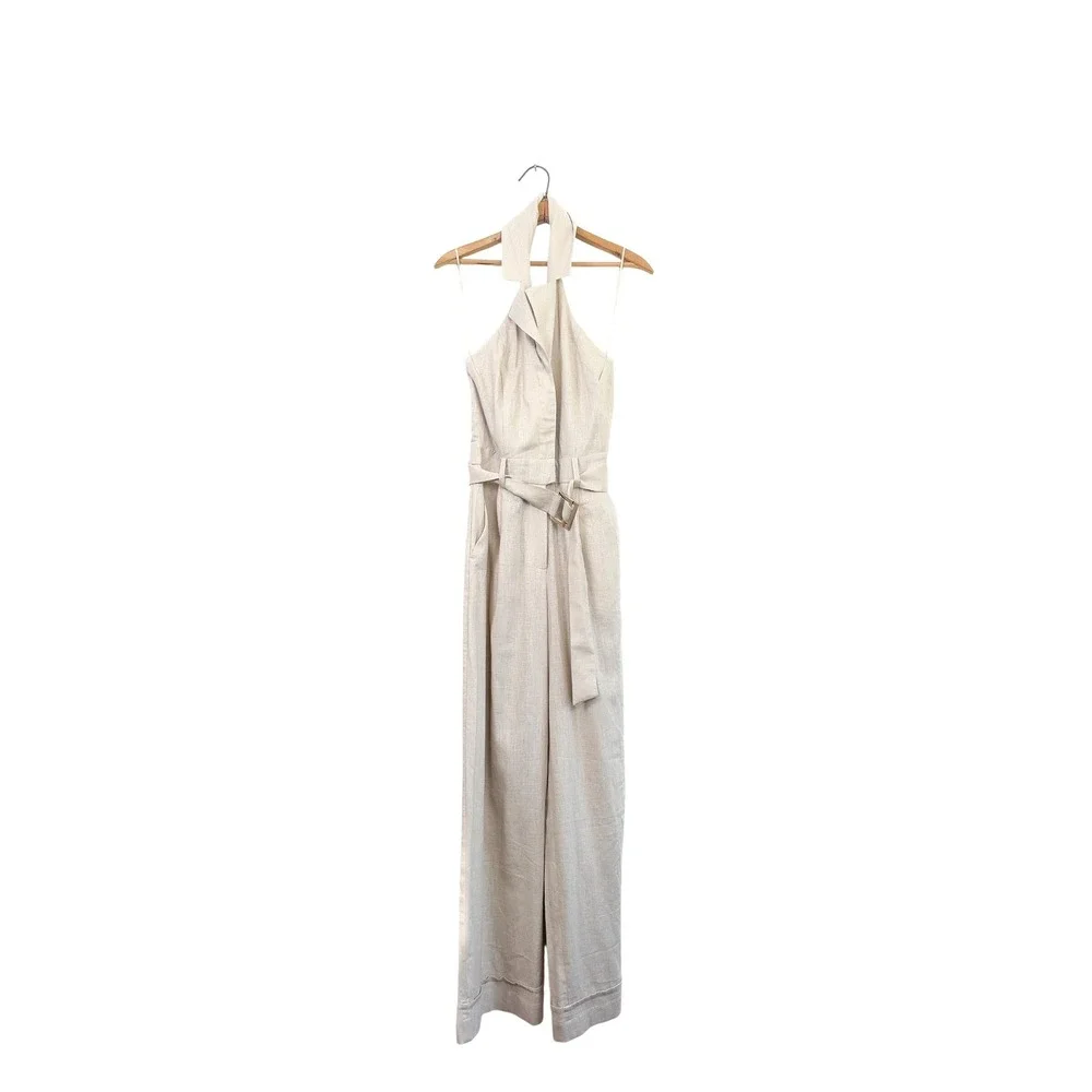 ZARA Linen-Blend Halter Jumpsuit – Neutral Wide Leg,‎ Size M